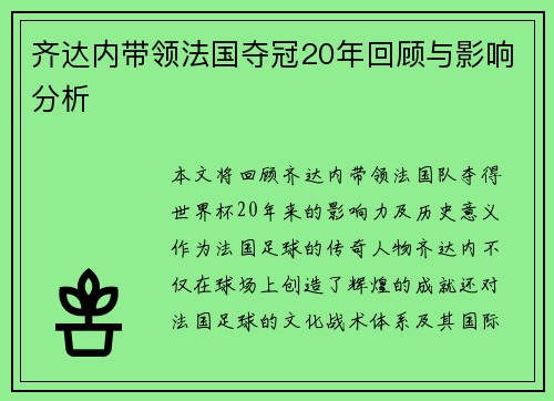 齐达内带领法国夺冠20年回顾与影响分析